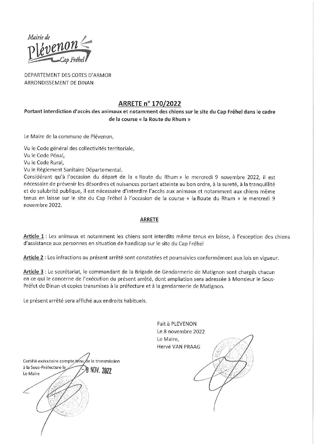 chiens interdit Route du Rhum 2022