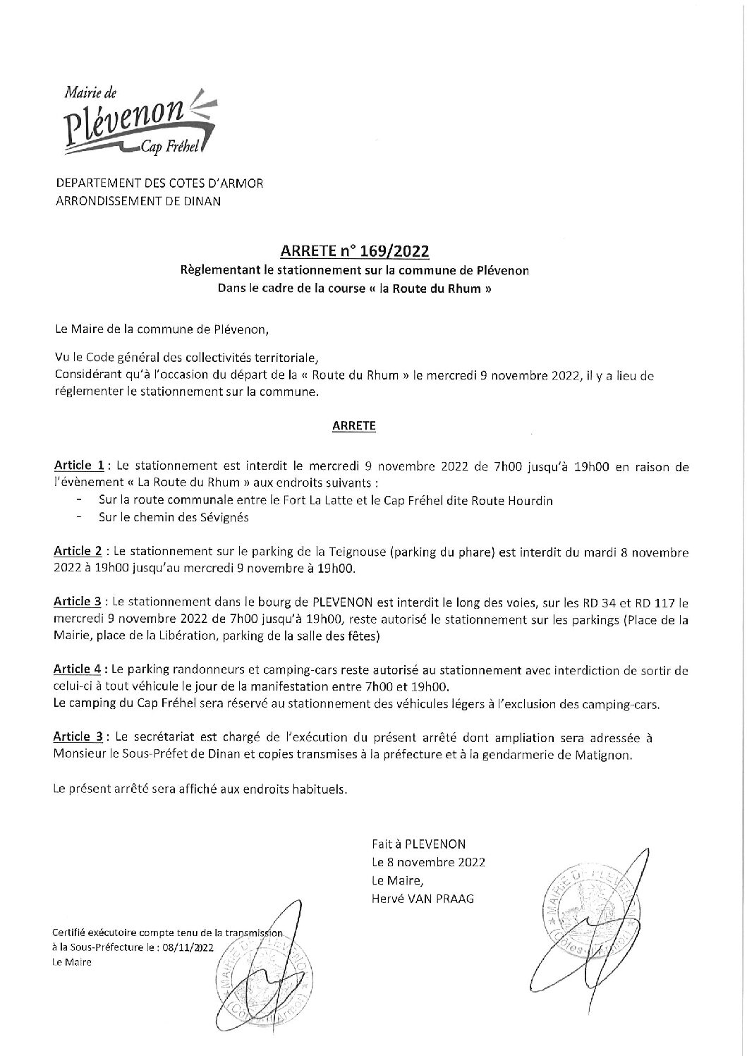 stationnement commune de PLEVENON route du rhum 2022