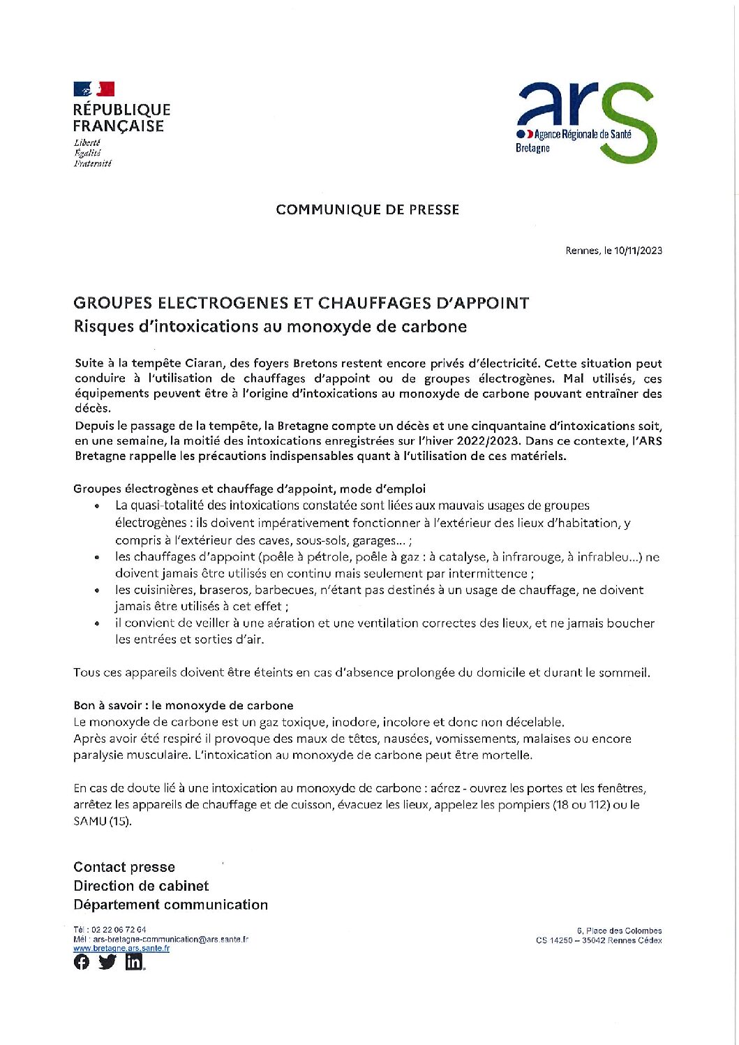 COMMUNIQUE DE PRESSE ARS – RISQUES D&rsquo;INTOXICATIONS AU MONOXYDE DE CARBONE