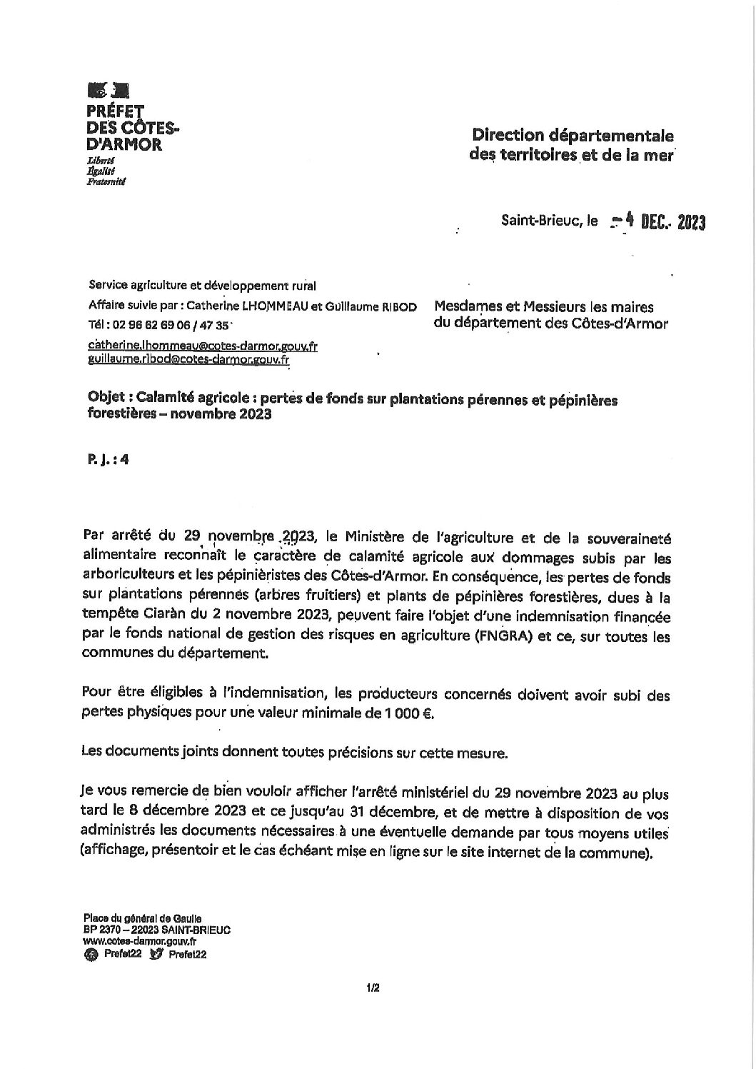 arrêté calamité agricole sur plantations pérennes et pépinières forestières