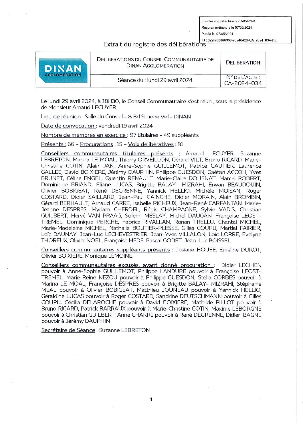Délib du conseil communautaire de Dinan du 29.04.24