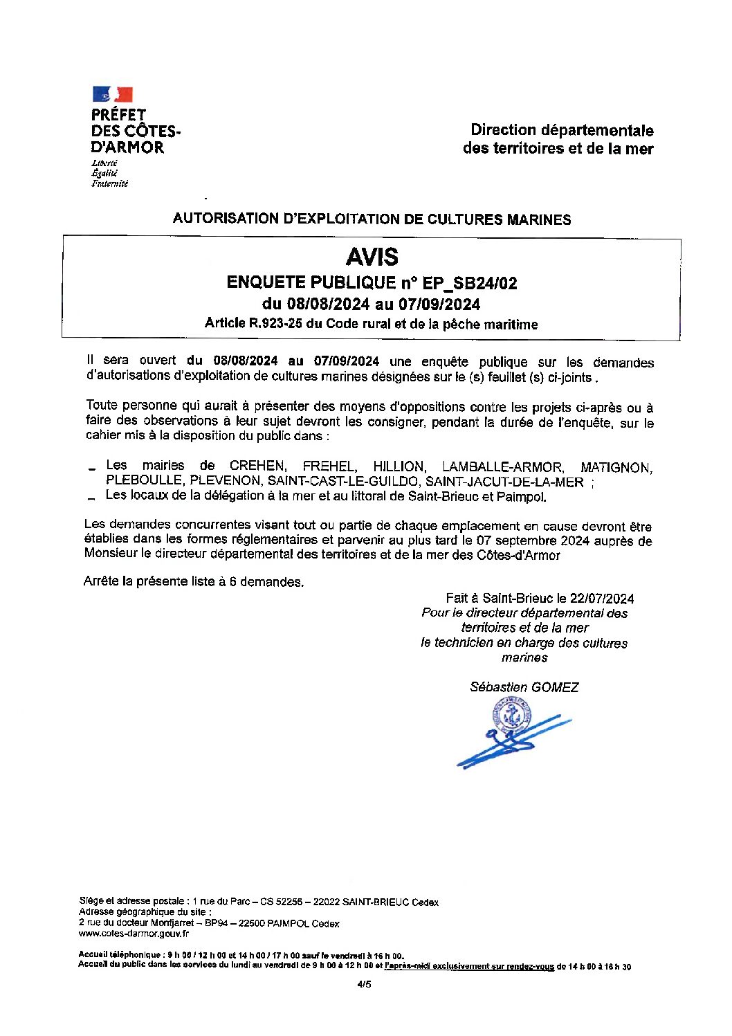 AUTORISATION D&rsquo;EXPLOITATION DE CULTURES MARINES