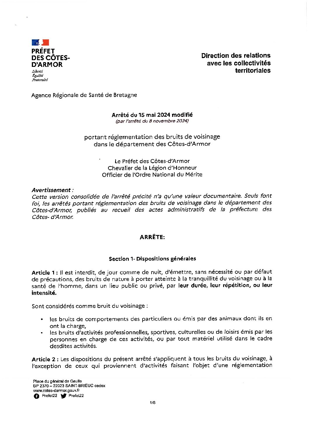 ARRETE BRUITS ET DE VOISINAGE EN COTES D&rsquo;ARMOR