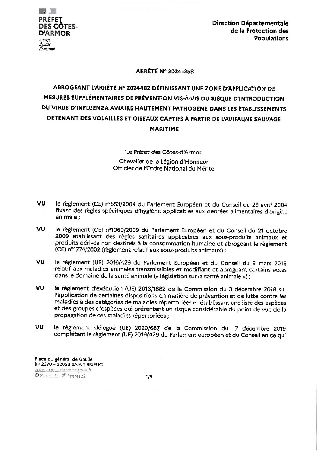 NOUVEL ARRETE GRIPPE AVIAIRE