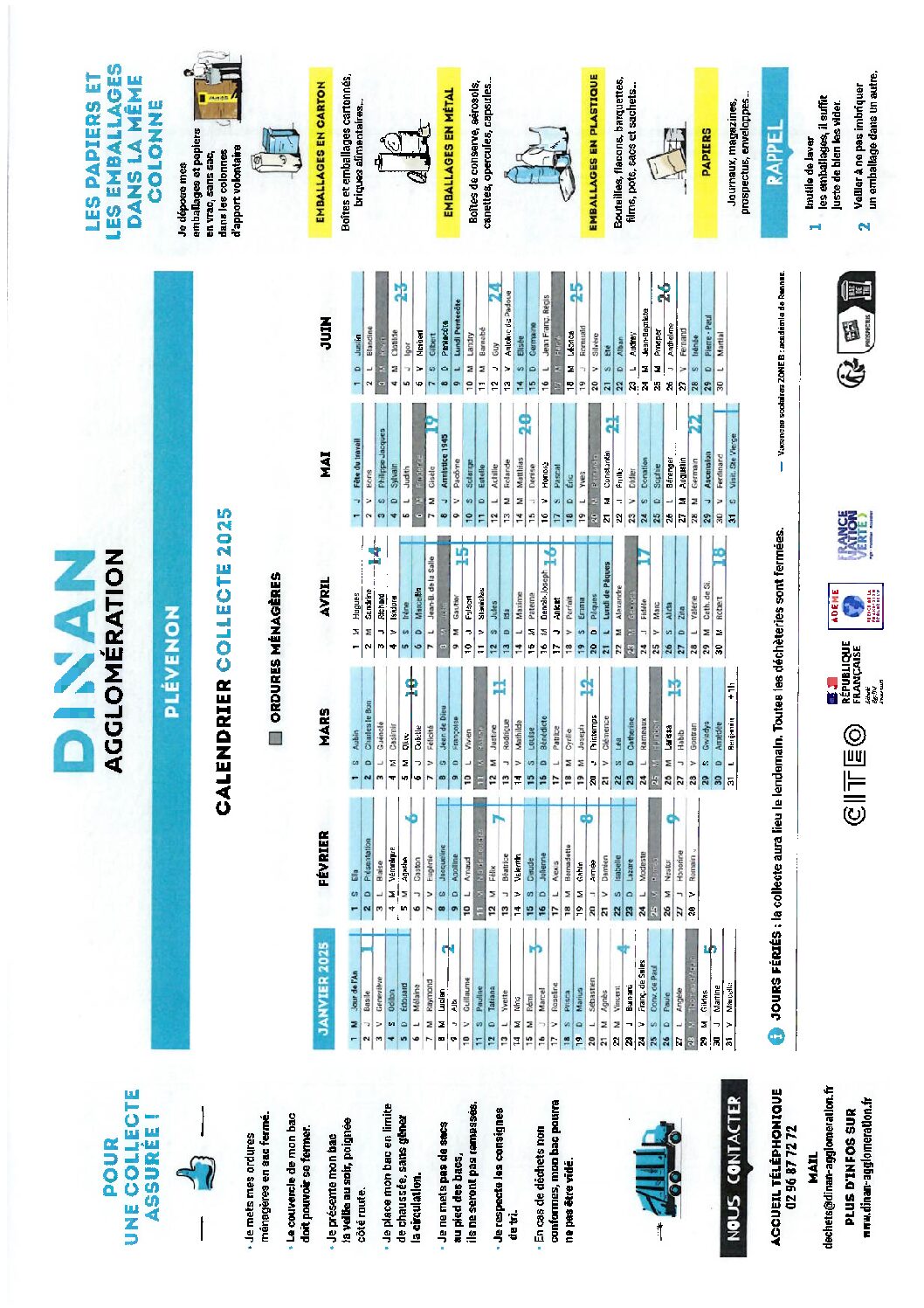 CALENDRIER COLLECTE ORDURES MENAGERES 2025
