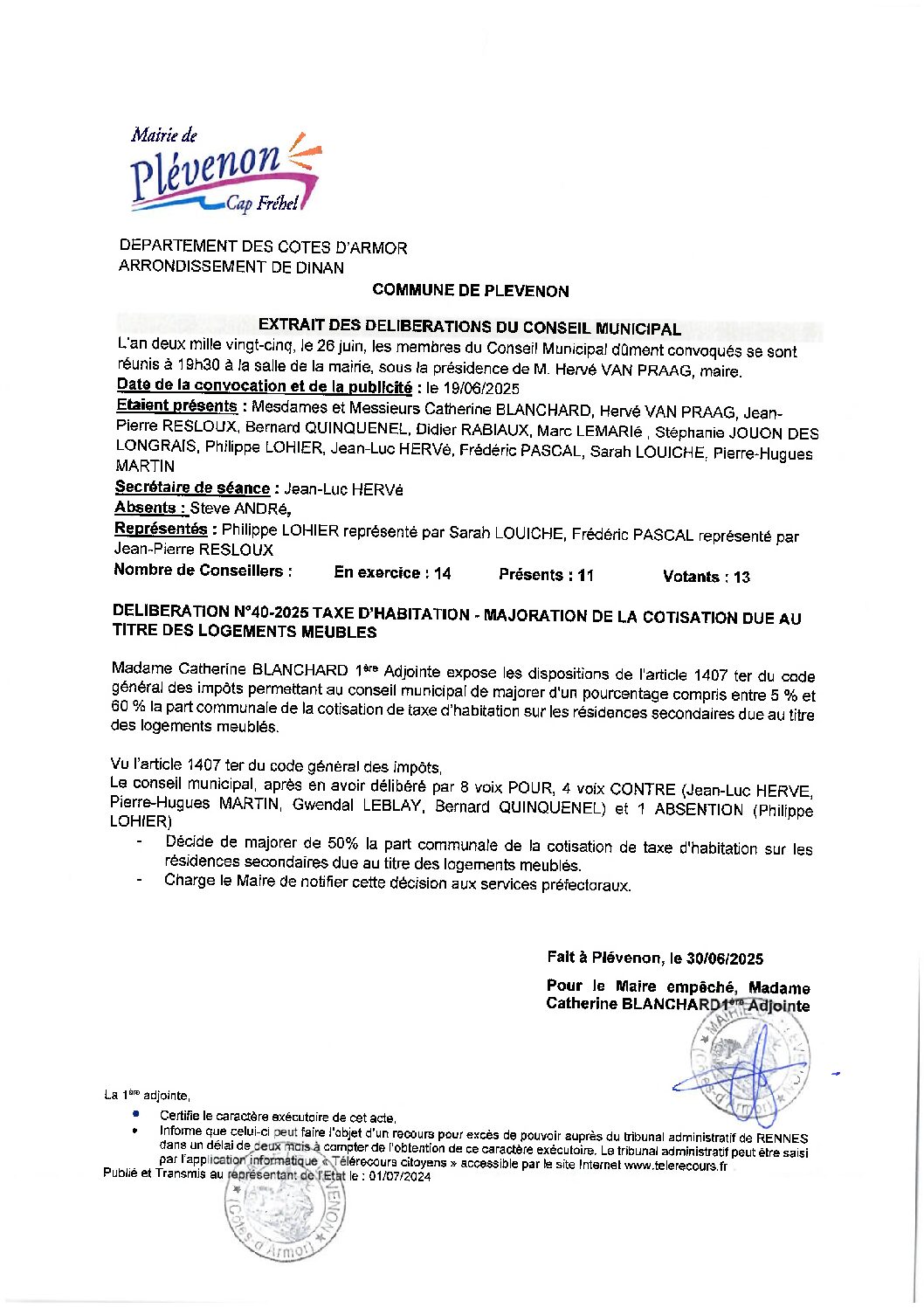 DELIBERATION N°40-2025 MAJORATION DE LA TAXE D&rsquo;HABITATION SUR LES RESIDENCES SECONDAIRES