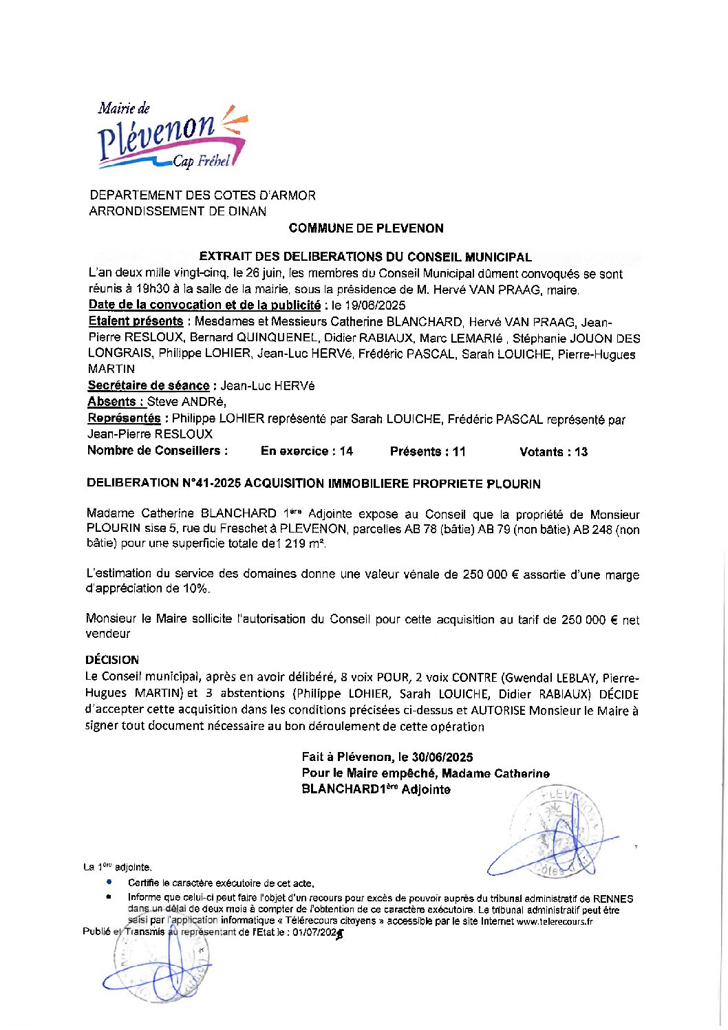 DELIBERATION N°41-2025 ACQUISITION PROPRIETE PLOURIN