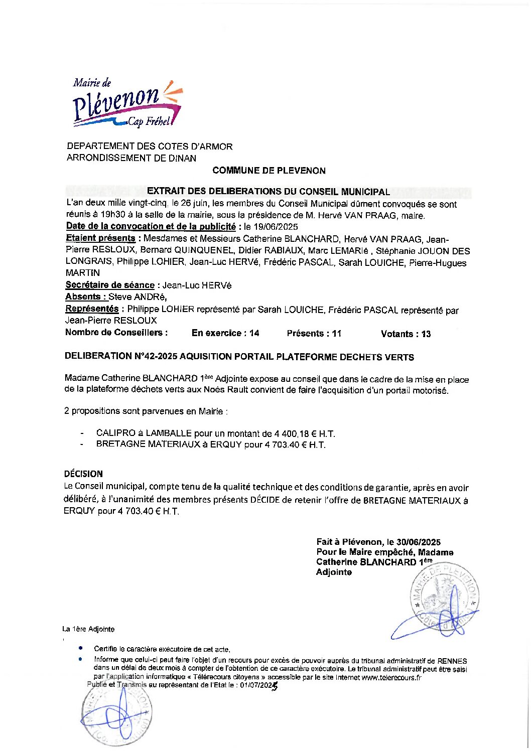 DELIBERATION N°42-2025 AQUISITION PORTAIL PLATEFORME DECHETS VERTS