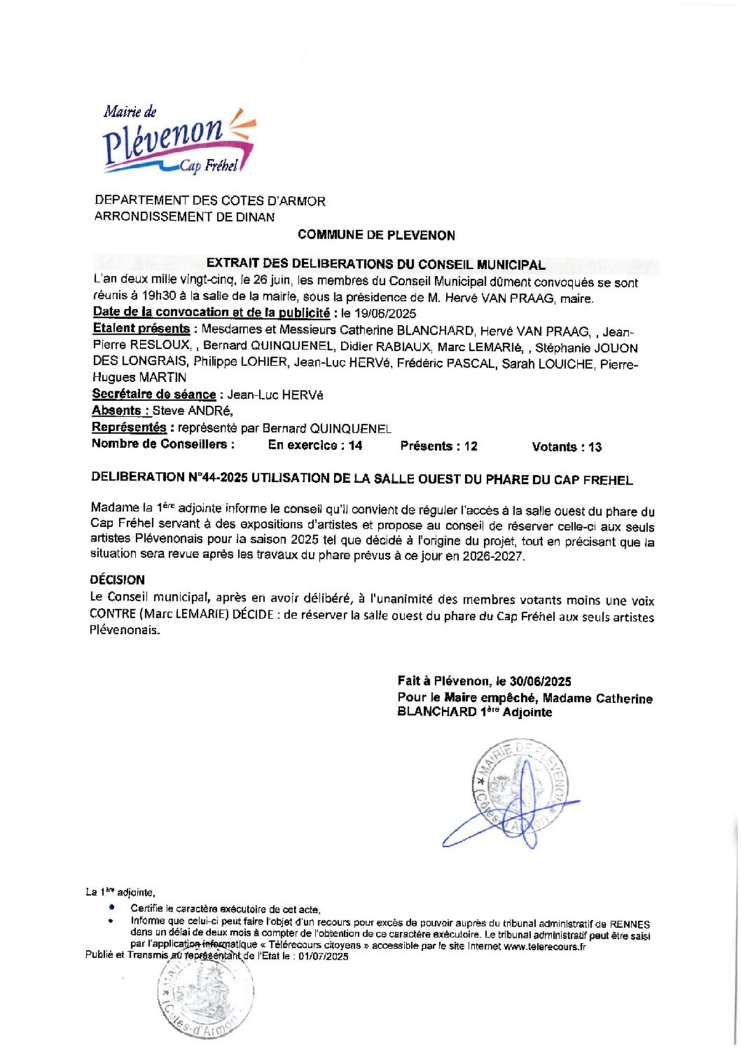 DELIBERATION N°44-2025 UTILISATION DE LA SALLE OUEST DU PHARE DU CAP FREHEL