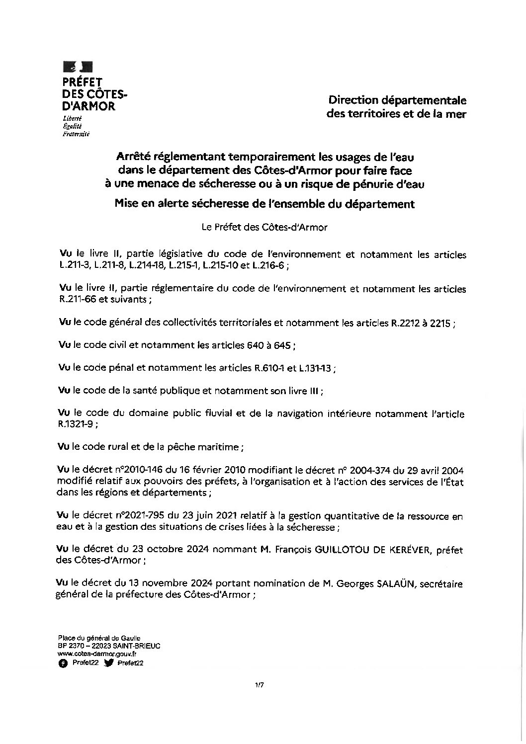 Arrêté de mise en alerte sécheresse