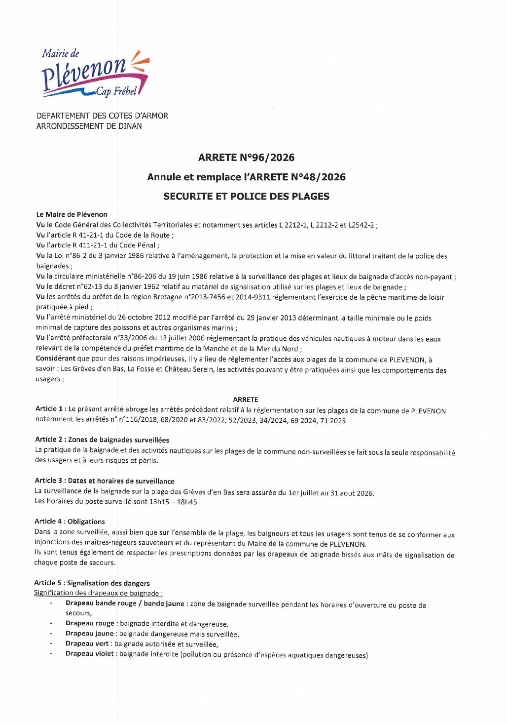 ARRETE 96-2026 SECURITE ET POLICE DES PLAGES