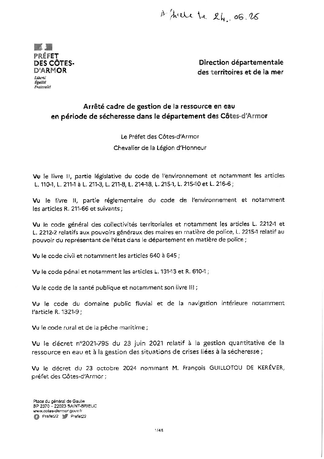 Arrêté cadre de gestion de la ressource en eau en période de sécheresse