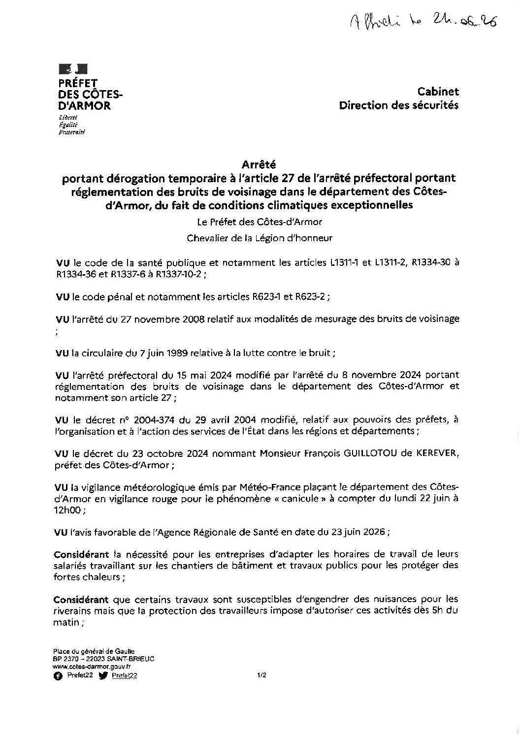 Arrêté dérogation temporaire bruits