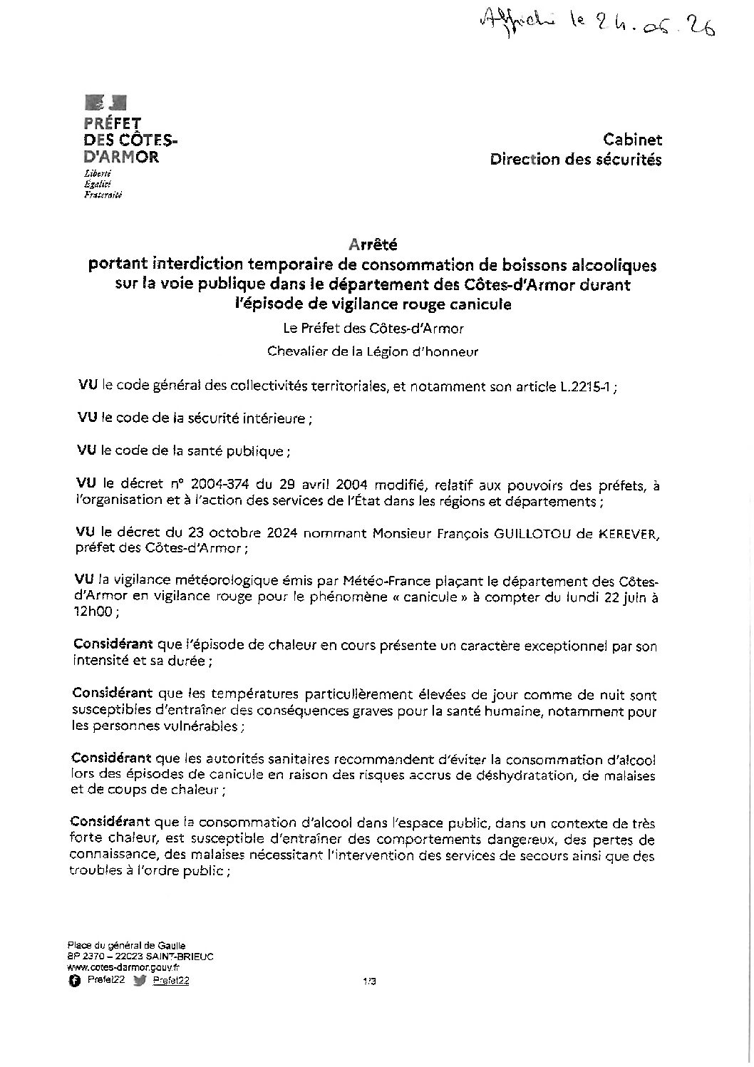 Arreté interdiction temporaire conso alcool pendant canicule