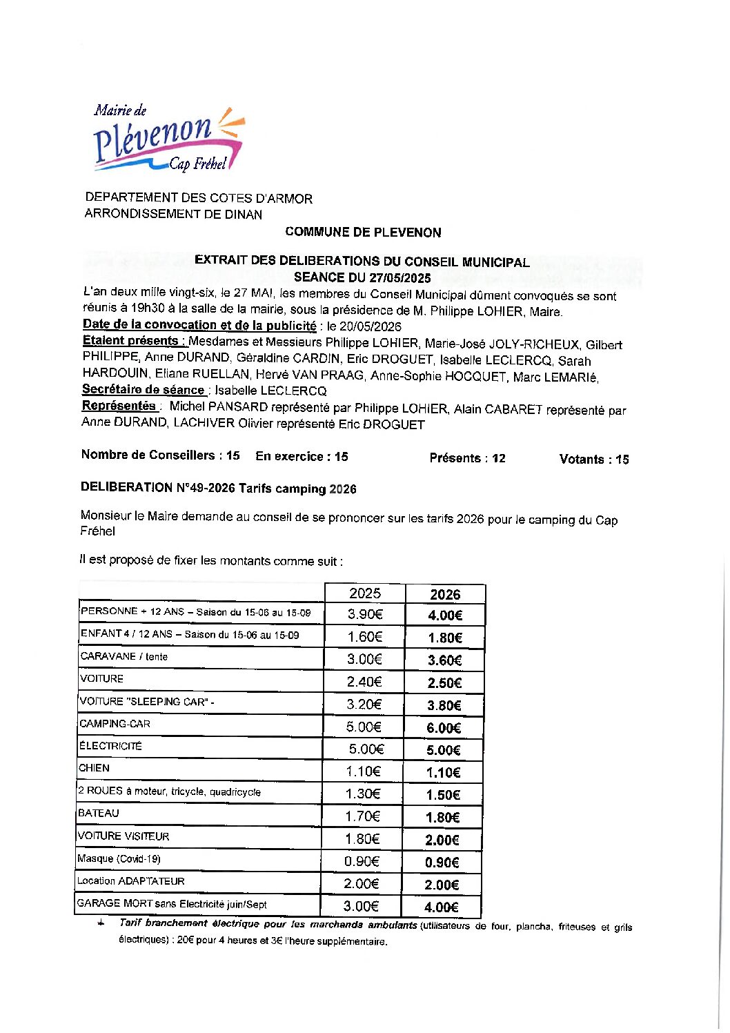 DELIBERATION N°49 – Tarifs camping 2026