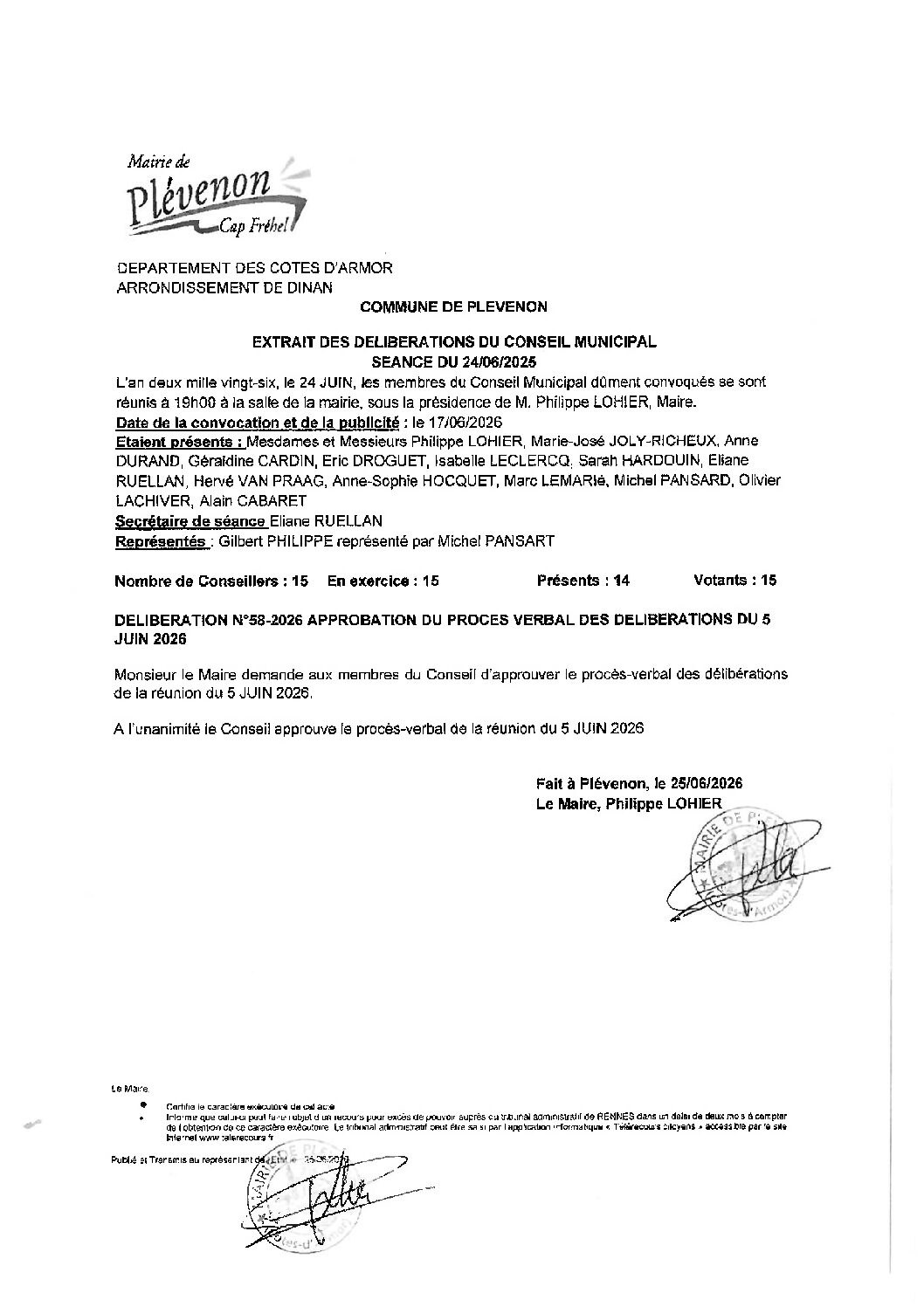 deliberations du conseil municipal du 24 juin 2026