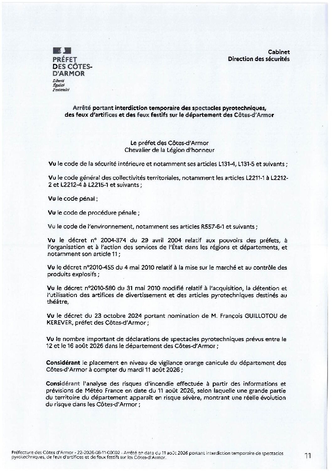 arrêté préfectoral temporaire d&rsquo;interdiction de feux d&rsquo;artifices sur le département