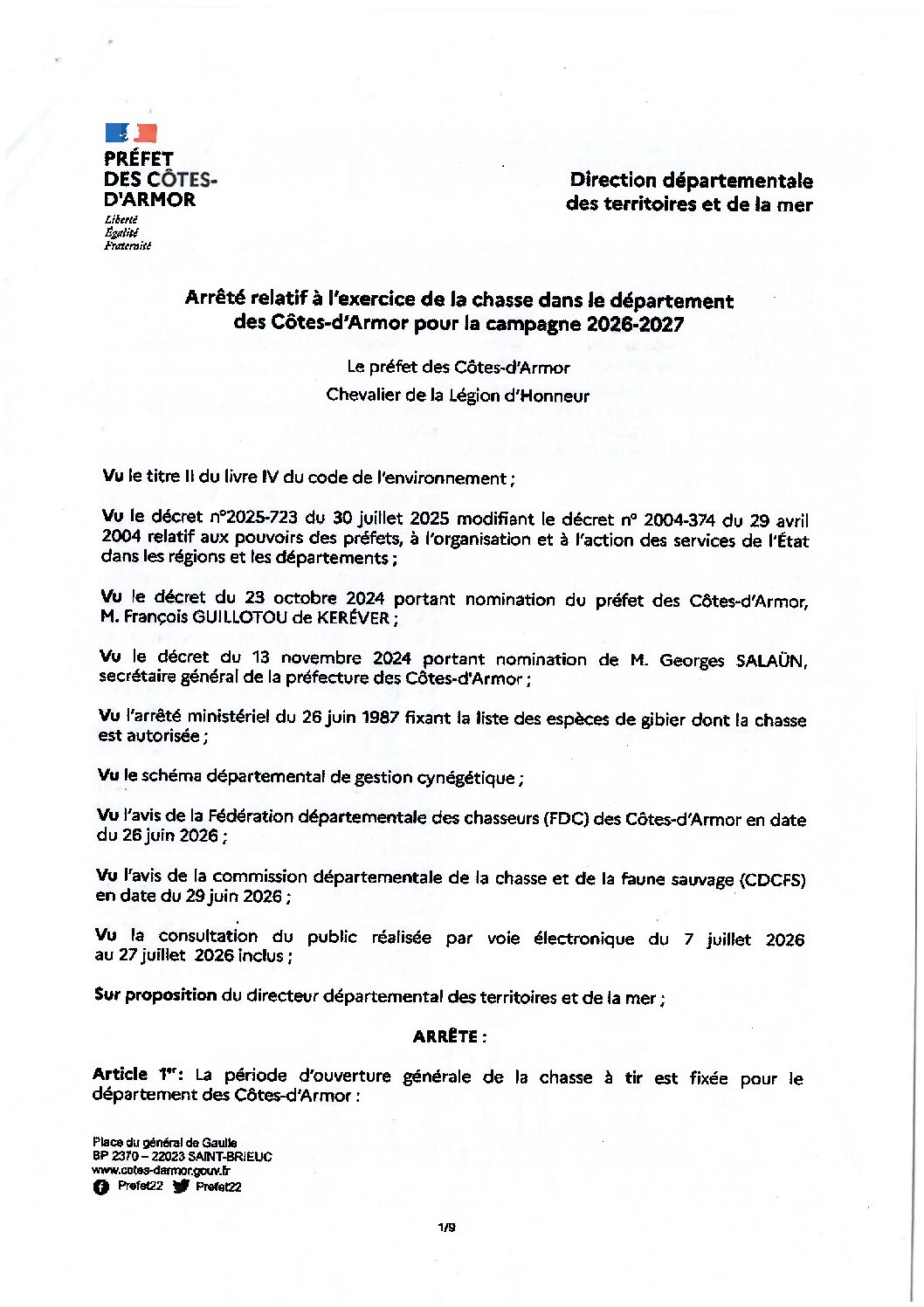 ARRETES CHASSE