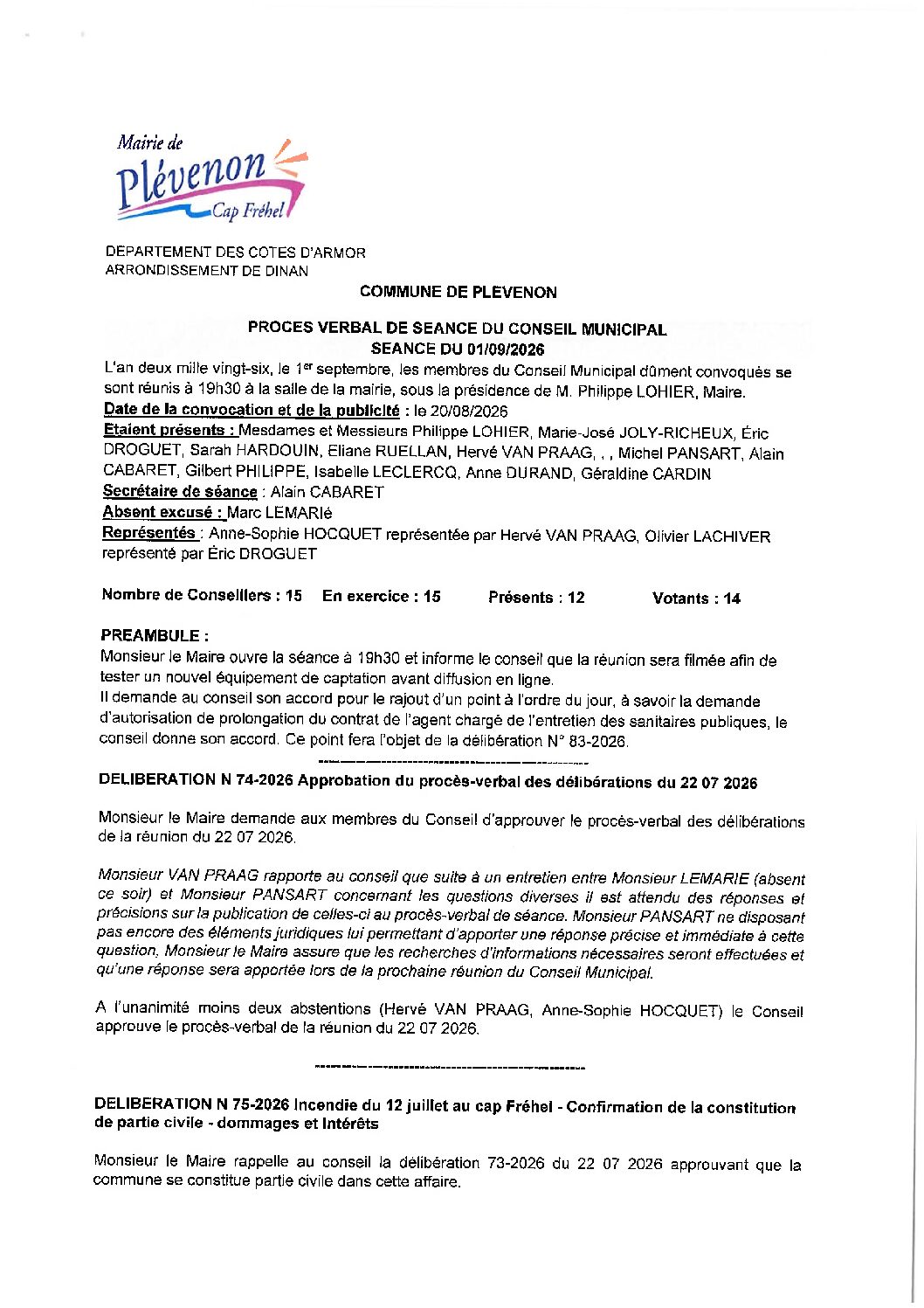 PV SEANCE CONSEIL MUNICIPAL DU 1ER SEPTEMBRE 2026