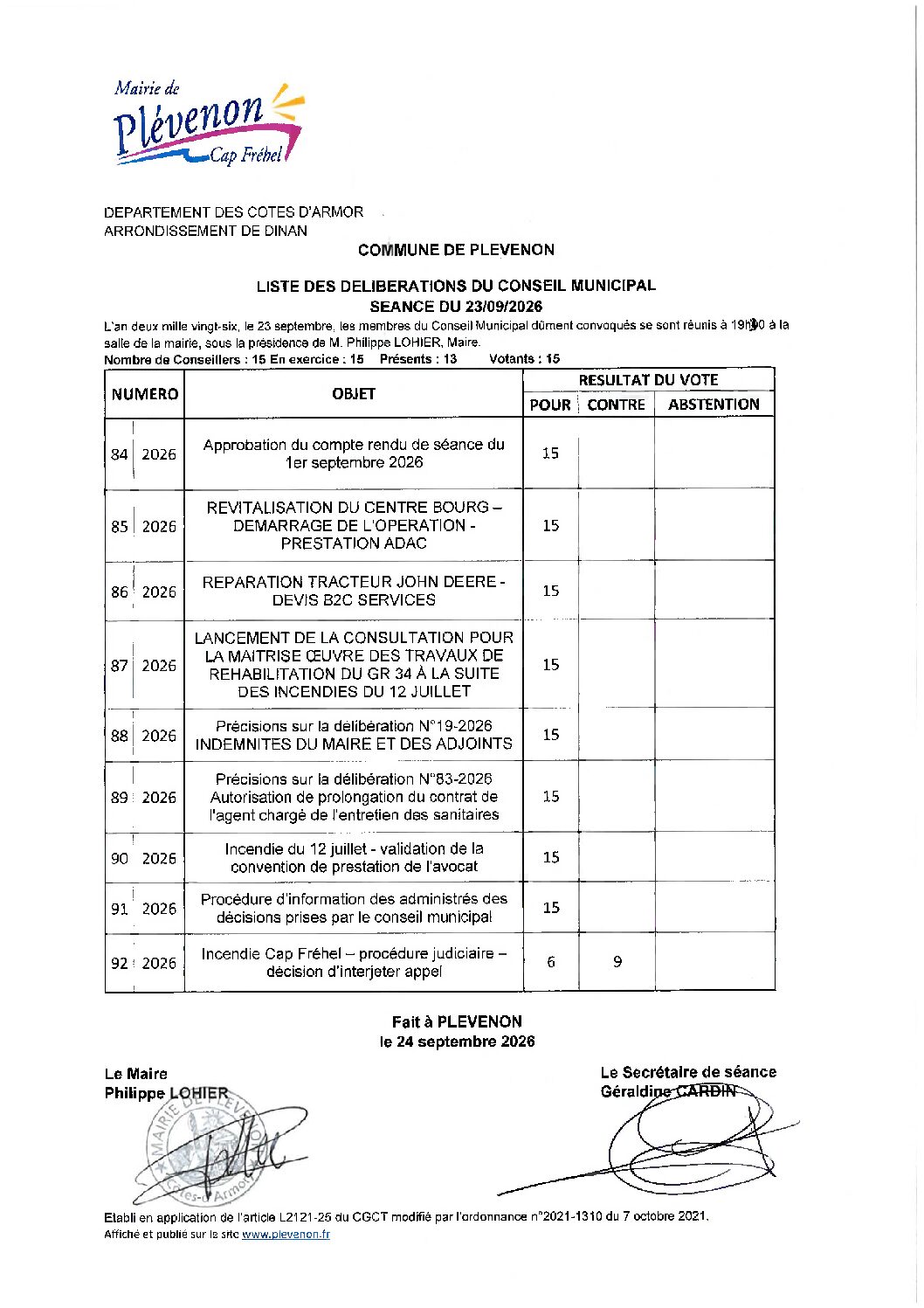 liste des délibérations du 23 09 2026