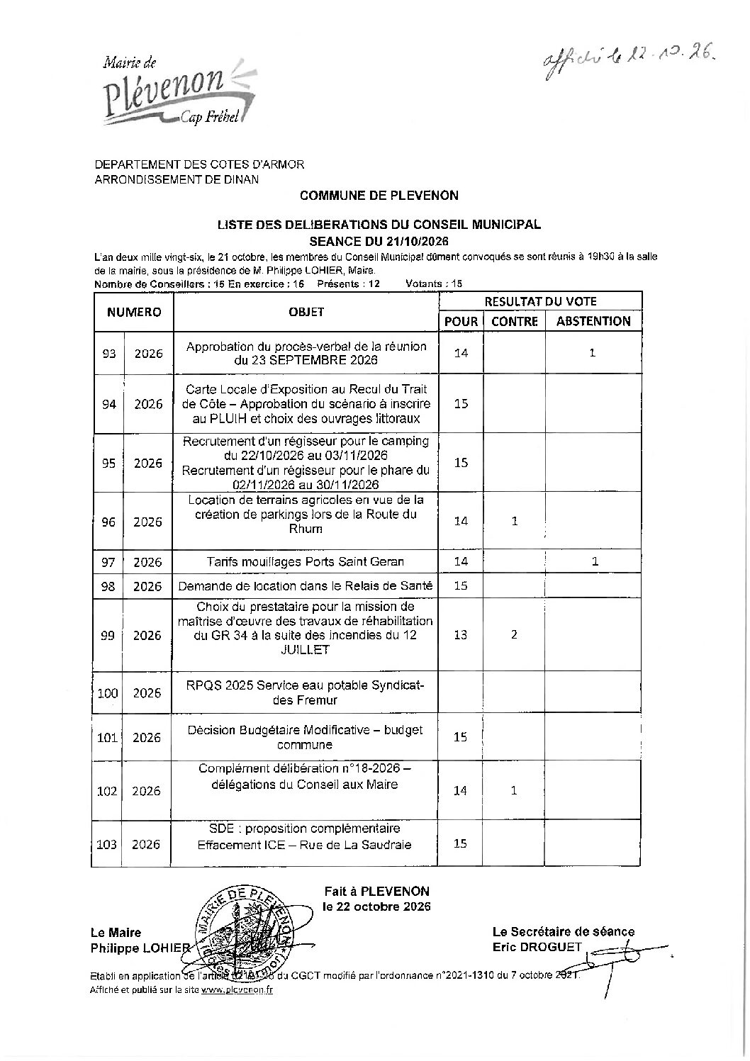 CM 21102026 LISTE DELIBERATIONS